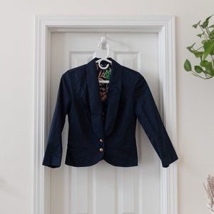 Navy Fitted Blazer Jacket w/ Tropical Colorful Patterned Lining